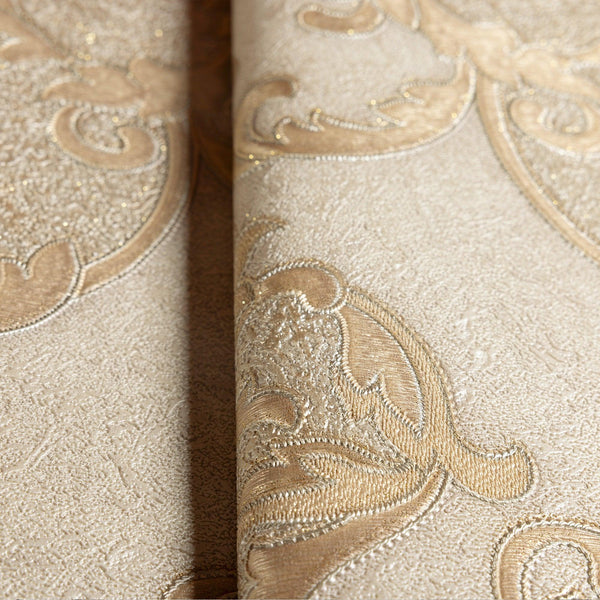 Italian Damask Embossed Wallpaper, Beige, Yellow Sparkling Neutral Colors Luxury Wallcovering, 3D Textured, Non-Woven, Non-Pasted - Adawall -Houston Wallpaper Store - Walcoverings, Curtains & Wall Panels