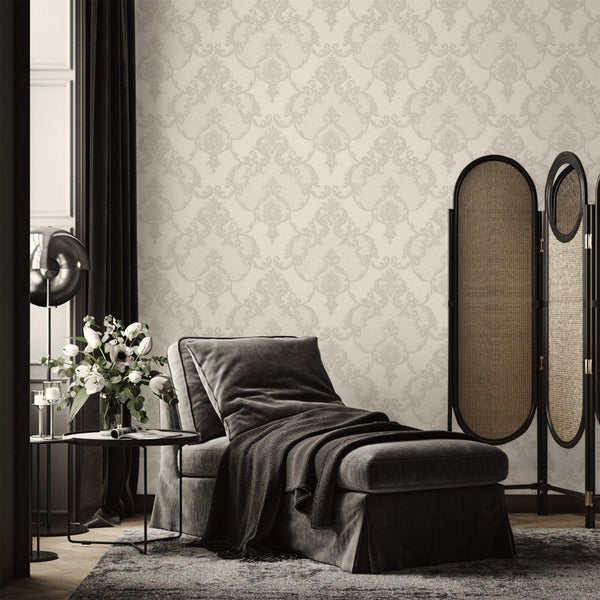 Italian Damask Embossed Wallpaper, Off White Sparkling Neutral Colors Luxury Wallcovering, 3D Textured, Non-Woven, Non-Pasted - Adawall -Houston Wallpaper Store - Walcoverings, Curtains & Wall Panels