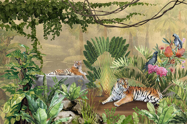 jungle Tigers Wall Mural, Yellow Nature Forest Theme Wallpaper, Custom Large Wall Mural, Non-Adhesive, Washable, Removable Wall Paper, Birds, Non-Woven Back - Adawall -Houston Wallpaper Store - Walcoverings, Curtains & Wall Panels