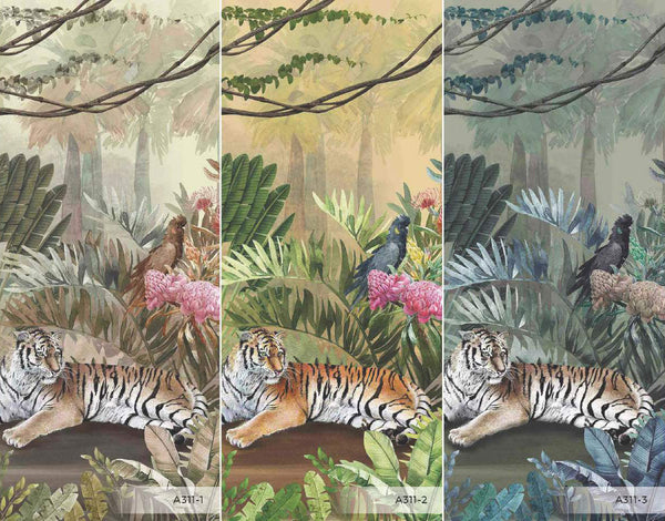 jungle Tigers Wall Mural, Yellow Nature Forest Theme Wallpaper, Custom Large Wall Mural, Non-Adhesive, Washable, Removable Wall Paper, Birds, Non-Woven Back - Adawall -Houston Wallpaper Store - Walcoverings, Curtains & Wall Panels