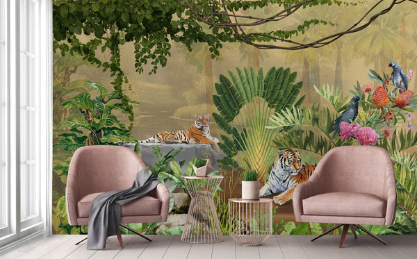 jungle Tigers Wall Mural, Yellow Nature Forest Theme Wallpaper, Custom Large Wall Mural, Non-Adhesive, Washable, Removable Wall Paper, Birds, Non-Woven Back - Adawall -Houston Wallpaper Store - Walcoverings, Curtains & Wall Panels