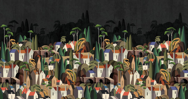Landscape Wall Mural Houses Cityscape Stylish Wallpaper, Black Oversized Custom Size Wall Covering, Non-Woven, Non-Adhesive, Modern Large Art - Adawall -Houston Wallpaper Store - Walcoverings, Curtains & Wall Panels