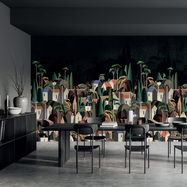 Landscape Wall Mural Houses Cityscape Stylish Wallpaper, Black Oversized Custom Size Wall Covering, Non-Woven, Non-Adhesive, Modern Large Art - Adawall -Houston Wallpaper Store - Walcoverings, Curtains & Wall Panels