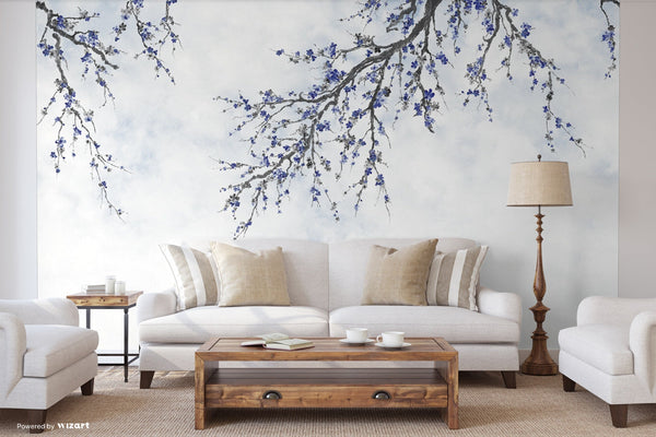Large Blossom Tree Wallpaper, Blue Chinoiserie Nature Flowers Wall Mural, Custom Size Wall Covering, Non-Woven, Non-Pasted, Removable, Washable, Floral Art - Adawall -Houston Wallpaper Store - Walcoverings, Curtains & Wall Panels