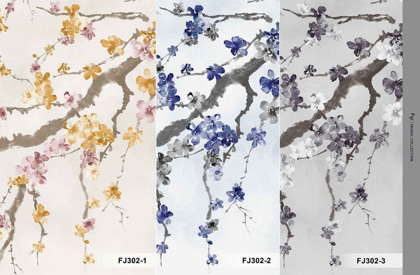 Large Blossom Tree Wallpaper, Blue Chinoiserie Nature Flowers Wall Mural, Custom Size Wall Covering, Non-Woven, Non-Pasted, Removable, Washable, Floral Art - Adawall -Houston Wallpaper Store - Walcoverings, Curtains & Wall Panels