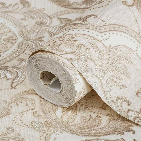 Light Beige, Gold Luxury 3D Damask Wallpaper, Premium Sparkling Velvet Feeling Flocked Wallcovering - Adawall -Houston Wallpaper Store - Walcoverings, Curtains & Wall Panels