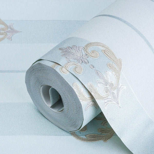 Light Blue Ornate Striped Wallpaper, Deep Embossed Regal Vintage Damask Wallcovering - Adawall -Houston Wallpaper Store - Walcoverings, Curtains & Wall Panels