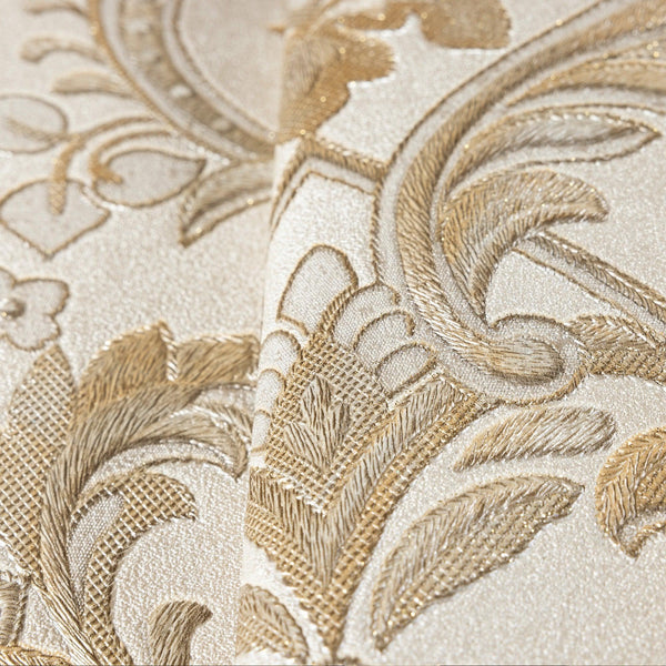 Light Gray, Gold Timeless Ornate Embossed Wallpaper, Fabric Like Rich Textured Luxury Wallcovering Design - Adawall -Houston Wallpaper Store - Walcoverings, Curtains & Wall Panels