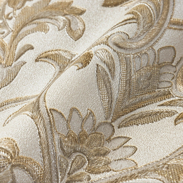 Light Gray, Gold Timeless Ornate Embossed Wallpaper, Fabric Like Rich Textured Luxury Wallcovering Design - Adawall -Houston Wallpaper Store - Walcoverings, Curtains & Wall Panels
