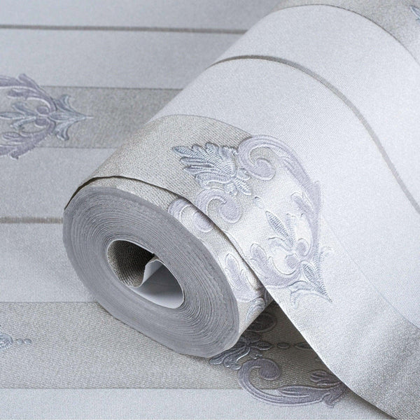 Light Purple Ornate Striped Wallpaper, Deep Embossed Regal Vintage Damask Wallcovering - Adawall -Houston Wallpaper Store - Walcoverings, Curtains & Wall Panels