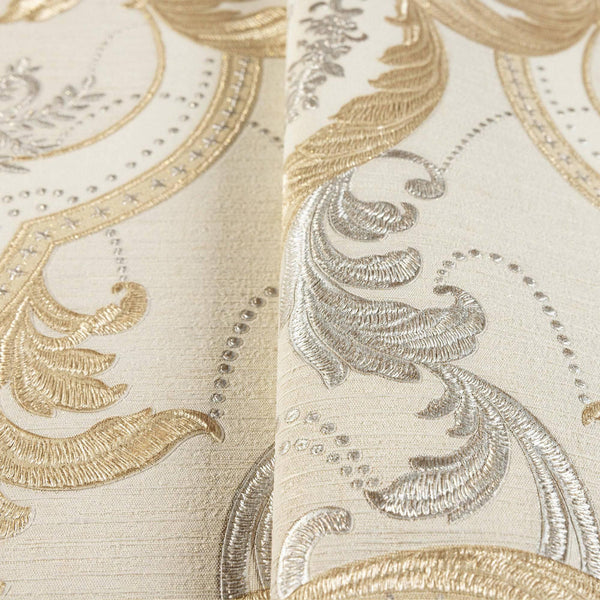 Light Tan, Gold Luxury 3D Damask Wallpaper, Premium Sparkling Velvet Feeling Flocked Wallcovering - Adawall -Houston Wallpaper Store - Walcoverings, Curtains & Wall Panels