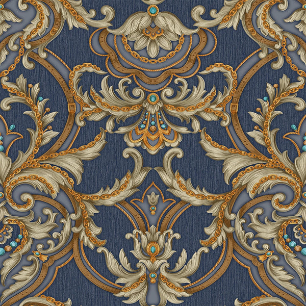 Luxury Deep Embossed Damask Wallpaper, Blue, Yellow, Home & Commercial Use Decorative Wallcovering, Washable, Sturdy - Adawall -Houston Wallpaper Store - Walcoverings, Curtains & Wall Panels