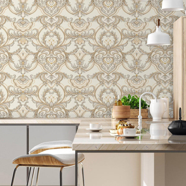 Luxury Deep Embossed Damask Wallpaper, Cream, Silver, Home & Commercial Use Decorative Wallcovering, Washable, Sturdy - Adawall -Houston Wallpaper Store - Walcoverings, Curtains & Wall Panels