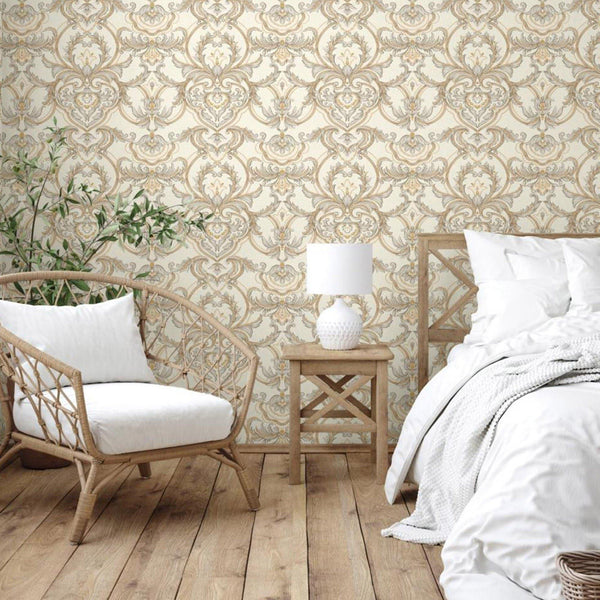 Luxury Deep Embossed Damask Wallpaper, Cream, Silver, Home & Commercial Use Decorative Wallcovering, Washable, Sturdy - Adawall -Houston Wallpaper Store - Walcoverings, Curtains & Wall Panels