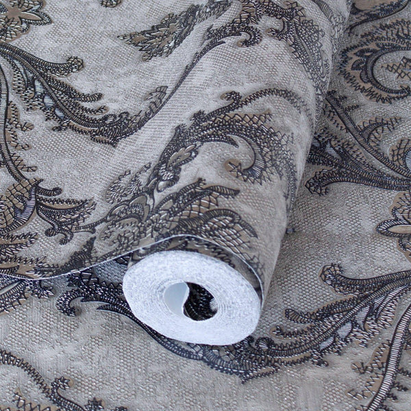Luxury Sparkling Deep Embossed Damask Wallpaper, Gray, Navy Blue Beautiful Flocked Shimmering Rich Textured Wallcovering - Adawall -Houston Wallpaper Store - Walcoverings, Curtains & Wall Panels