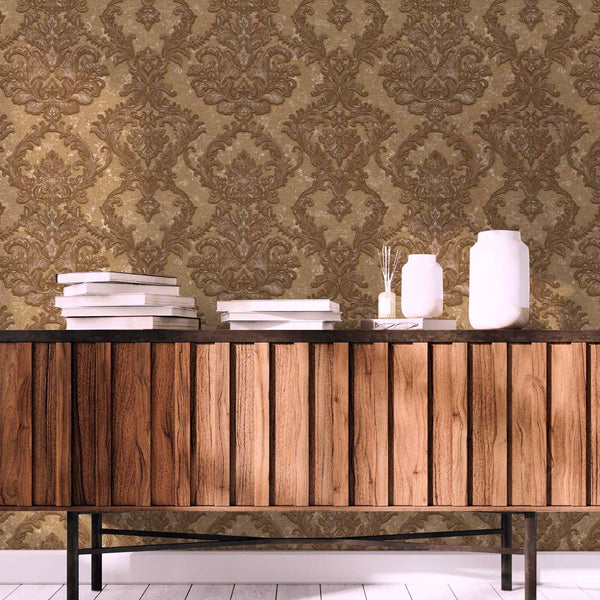 Luxury Sparkling Deep Embossed Damask Wallpaper, Light Brown, Copper Beautiful Flocked Shimmering Rich Textured Wallcovering - Adawall -Houston Wallpaper Store - Walcoverings, Curtains & Wall Panels