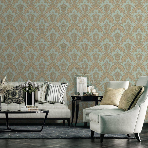 Modern Light Teal, Gold Damask Wallpaper, Home Wall Decor, Aesthetic Wallpaper, Textured Wallcovering Non-Adhesive and Non-Peel and Stick - Adawall -Houston Wallpaper Store - Walcoverings, Curtains & Wall Panels