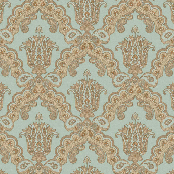 Modern Light Teal, Gold Damask Wallpaper, Home Wall Decor, Aesthetic Wallpaper, Textured Wallcovering Non-Adhesive and Non-Peel and Stick - Adawall -Houston Wallpaper Store - Walcoverings, Curtains & Wall Panels