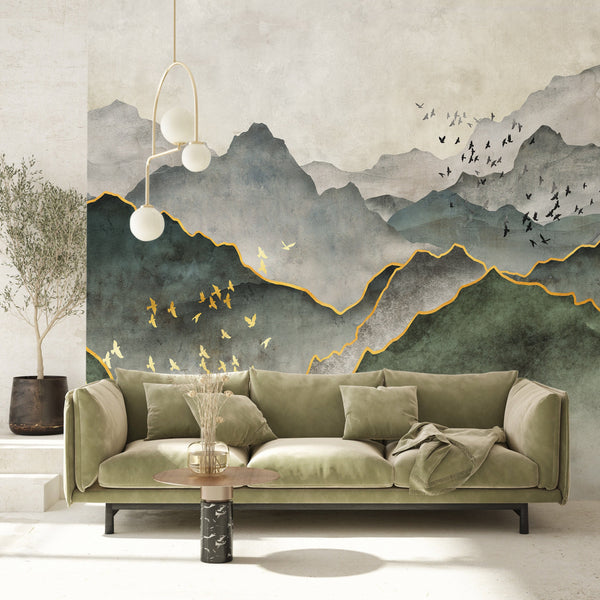 Mountain Scenic Wall Mural, Green Nature Wallpaper, Custom Size Wall Covering, Non-Woven, Non-Pasted, Removable, Washable, Extra Large Bird Art - Adawall -Houston Wallpaper Store - Walcoverings, Curtains & Wall Panels