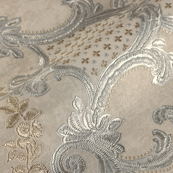 Oriental Elegant Damask Deep Embossed Wallpaper, Beige Metallic Accents 3D Textured Wallcovering, Traditional, Extra Large 114 sq ft Roll, Washable, Luxury - Adawall -Houston Wallpaper Store - Walcoverings, Curtains & Wall Panels