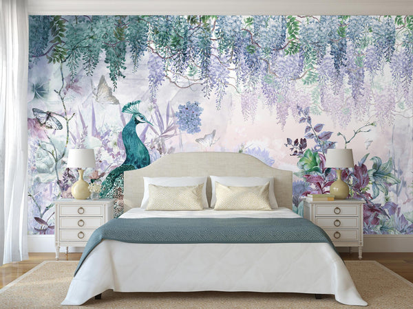 Peacock Forest Wall Mural, Green Scenic Non-Woven Nature Theme Large Wall Poster, Non-Adhesive Modern Jungle Wall Art - Adawall -Houston Wallpaper Store - Walcoverings, Curtains & Wall Panels
