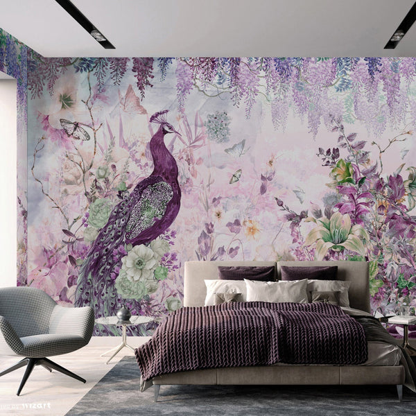Peacock Forest Wall Mural, Purple Scenic Non-Woven Nature Theme Large Wall Poster, Non-Adhesive Modern Jungle Wall Art - Adawall -Houston Wallpaper Store - Walcoverings, Curtains & Wall Panels