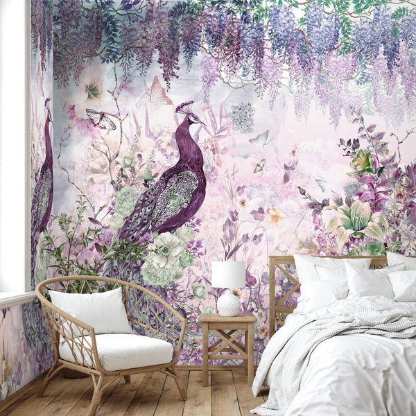 Peacock Forest Wall Mural, Purple Scenic Non-Woven Nature Theme Large Wall Poster, Non-Adhesive Modern Jungle Wall Art - Adawall -Houston Wallpaper Store - Walcoverings, Curtains & Wall Panels