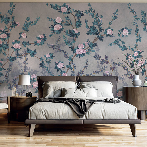Peony Chinoiserie Blossom Wall Mural, Blue Floral Bloom Wallpaper, Oversized Contemporary Custom Size Wall Art, Non-Woven, Non-Pasted, Removable - Adawall -Houston Wallpaper Store - Walcoverings, Curtains & Wall Panels