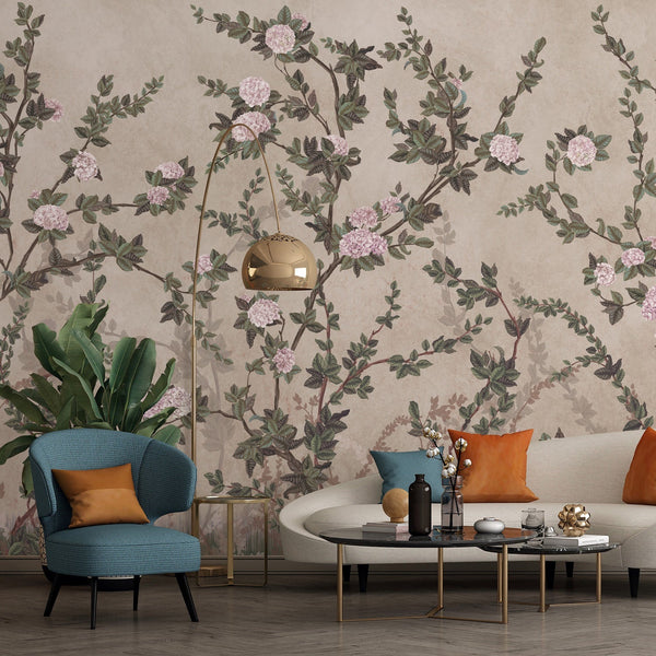 Peony Chinoiserie Blossom Wall Mural, Light Green Floral Bloom Wallpaper, Oversized Contemporary Custom Size Wall Art, Non-Woven, Non-Pasted, Removable - Adawall -Houston Wallpaper Store - Walcoverings, Curtains & Wall Panels