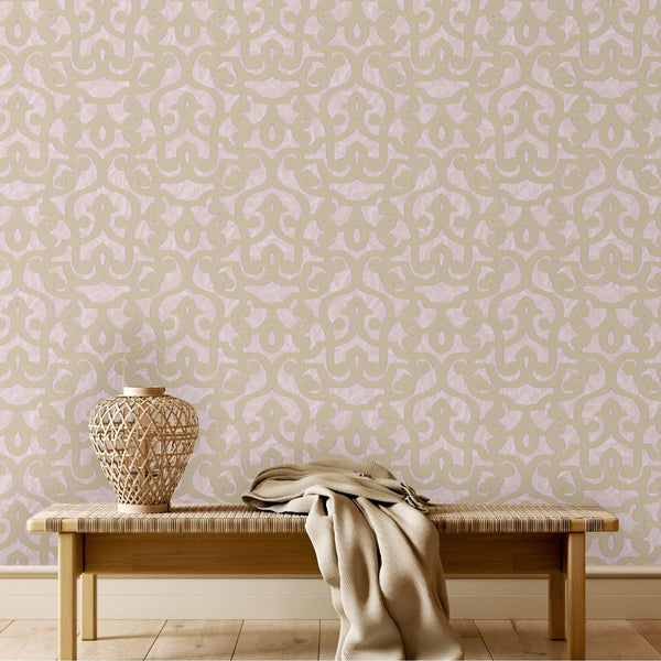 Pink Lace Trellis Wallpaper, Shiny Silver Gold Patterns Faded Colors Damask Design - Adawall -Houston Wallpaper Store - Walcoverings, Curtains & Wall Panels