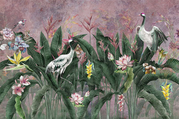 Purple Jungle Birds Wallpaper, Nature Forest Tropical Theme Wall Mural, Extra Large Customizable, Non-Adhesive, Removable Wall Paper, Leaves Flower - Adawall -Houston Wallpaper Store - Walcoverings, Curtains & Wall Panels