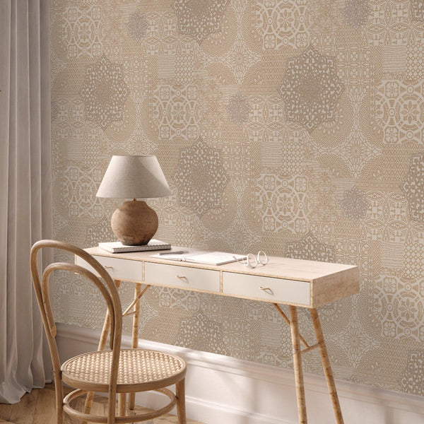 Quilted 3D Embossed Wallpaper, Beige, Flocked Rich Textured Velvet Feel Luxury Wallcovering, Vintage Washed Patchwork Style, Non-Woven - Adawall -Houston Wallpaper Store - Walcoverings, Curtains & Wall Panels