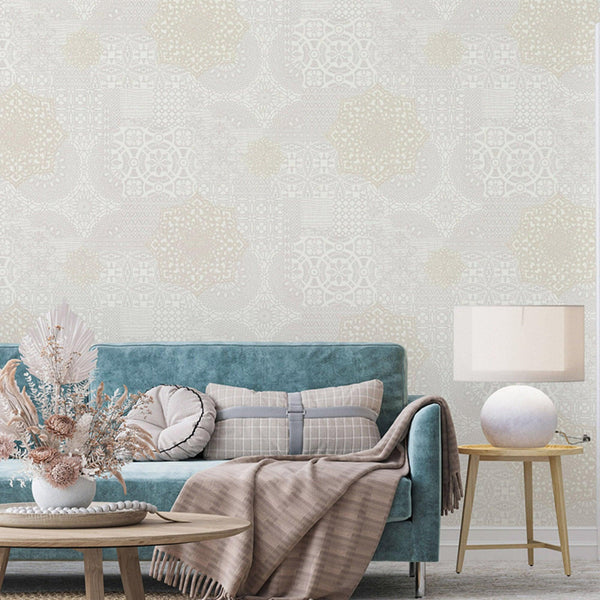 Quilted 3D Embossed Wallpaper, Cream, Flocked Rich Textured Velvet Feel Luxury Wallcovering, Vintage Washed Patchwork Style, Non-Woven - Adawall -Houston Wallpaper Store - Walcoverings, Curtains & Wall Panels