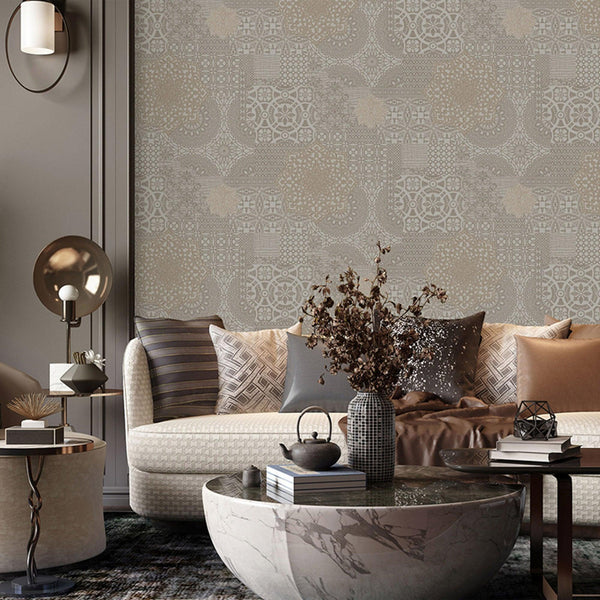 Quilted 3D Embossed Wallpaper, Tan, Flocked Rich Textured Velvet Feel Luxury Wallcovering, Vintage Washed Patchwork Style, Non-Woven - Adawall -Houston Wallpaper Store - Walcoverings, Curtains & Wall Panels