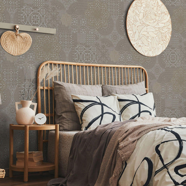 Quilted 3D Embossed Wallpaper, Tan, Flocked Rich Textured Velvet Feel Luxury Wallcovering, Vintage Washed Patchwork Style, Non-Woven - Adawall -Houston Wallpaper Store - Walcoverings, Curtains & Wall Panels