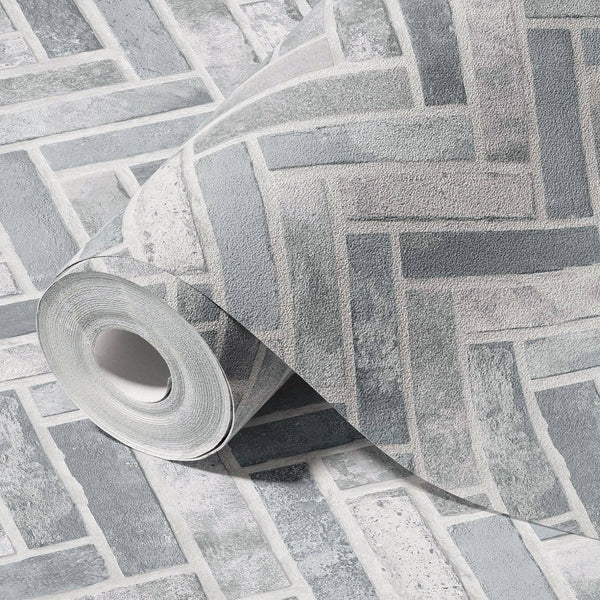Realistic Embossed Brick Wallpaper, Gray Chevron Pattern Stone Wall Decor, Home Commercial Use Textured Wallcovering - Adawall -Houston Wallpaper Store - Walcoverings, Curtains & Wall Panels