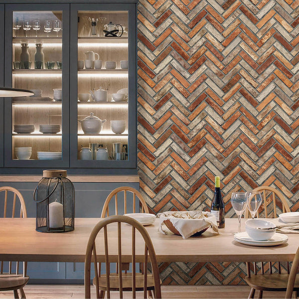 Realistic Embossed Brick Wallpaper, Red, Orange Chevron Pattern Stone Wall Decor, Home Commercial Use Textured Wallcovering - Adawall -Houston Wallpaper Store - Walcoverings, Curtains & Wall Panels