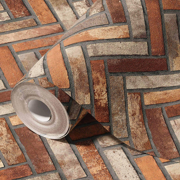 Realistic Embossed Brick Wallpaper, Red, Orange Chevron Pattern Stone Wall Decor, Home Commercial Use Textured Wallcovering - Adawall -Houston Wallpaper Store - Walcoverings, Curtains & Wall Panels