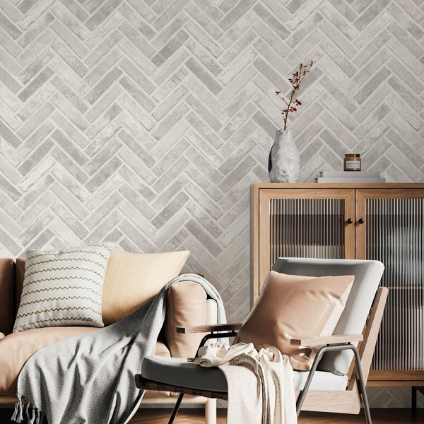 Realistic Embossed Brick Wallpaper, White, Ivory Chevron Pattern Stone Wall Decor, Home Commercial Use Textured Wallcovering - Adawall -Houston Wallpaper Store - Walcoverings, Curtains & Wall Panels
