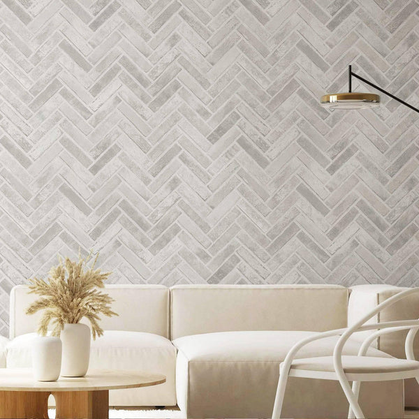 Realistic Embossed Brick Wallpaper, White, Ivory Chevron Pattern Stone Wall Decor, Home Commercial Use Textured Wallcovering - Adawall -Houston Wallpaper Store - Walcoverings, Curtains & Wall Panels