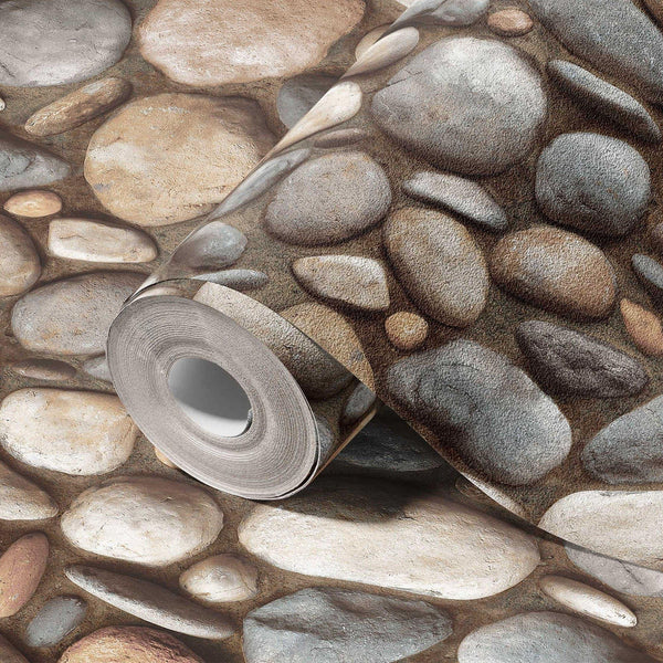 Realistic Embossed Oval Stone Wallpaper, Brown, Tan Farmhouse, Lodge Home Interior Design Wallcovering - Adawall -Houston Wallpaper Store - Walcoverings, Curtains & Wall Panels