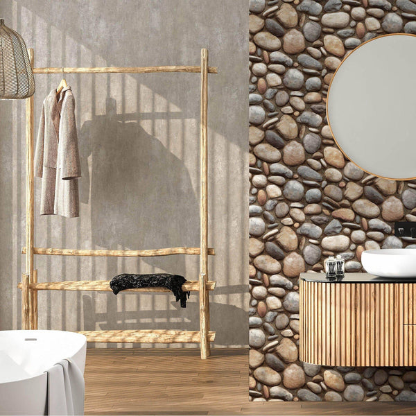 Realistic Embossed Oval Stone Wallpaper, Brown, Tan Farmhouse, Lodge Home Interior Design Wallcovering - Adawall -Houston Wallpaper Store - Walcoverings, Curtains & Wall Panels