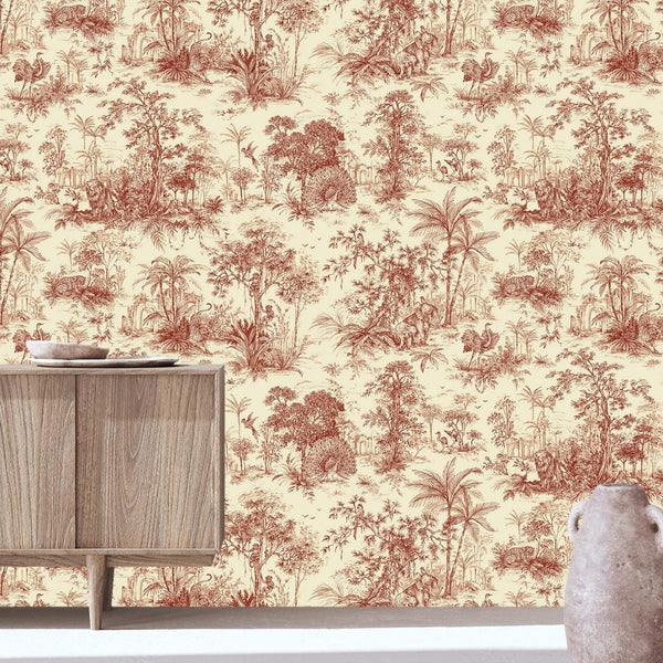 Red Tropical Toile Textured Wallpaper, Stylish Plants Animals Jungle Forest Theme Wallcovering - Adawall -Houston Wallpaper Store - Walcoverings, Curtains & Wall Panels