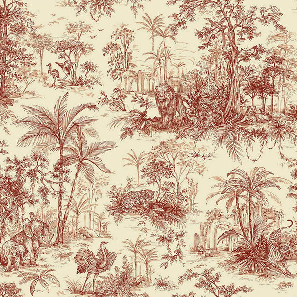 Red Tropical Toile Textured Wallpaper, Stylish Plants Animals Jungle Forest Theme Wallcovering - Adawall -Houston Wallpaper Store - Walcoverings, Curtains & Wall Panels