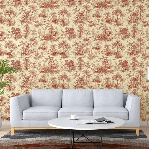 Red Tropical Toile Textured Wallpaper, Stylish Plants Animals Jungle Forest Theme Wallcovering - Adawall -Houston Wallpaper Store - Walcoverings, Curtains & Wall Panels