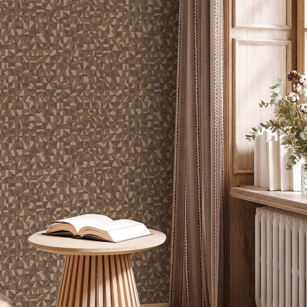Shimmering Geometric Shapes Wallpaper, Dark Brown, Gold Deep Embossed Asymmetrical Design Wallcovering - Adawall -Houston Wallpaper Store - Walcoverings, Curtains & Wall Panels