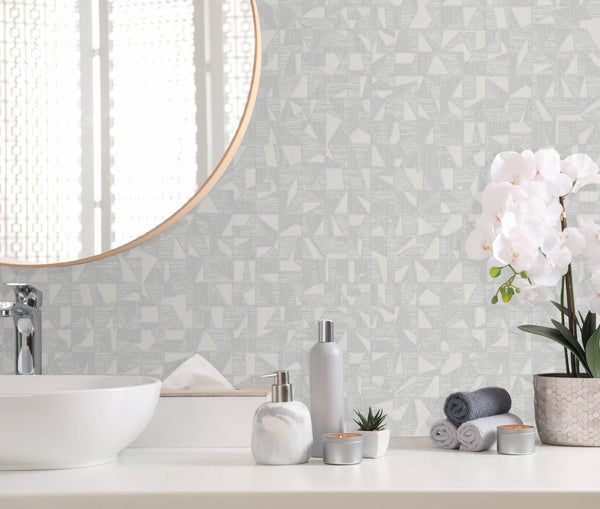 Shimmering Geometric Shapes Wallpaper, Light Gray Deep Embossed Asymmetrical Design Wallcovering - Adawall -Houston Wallpaper Store - Walcoverings, Curtains & Wall Panels