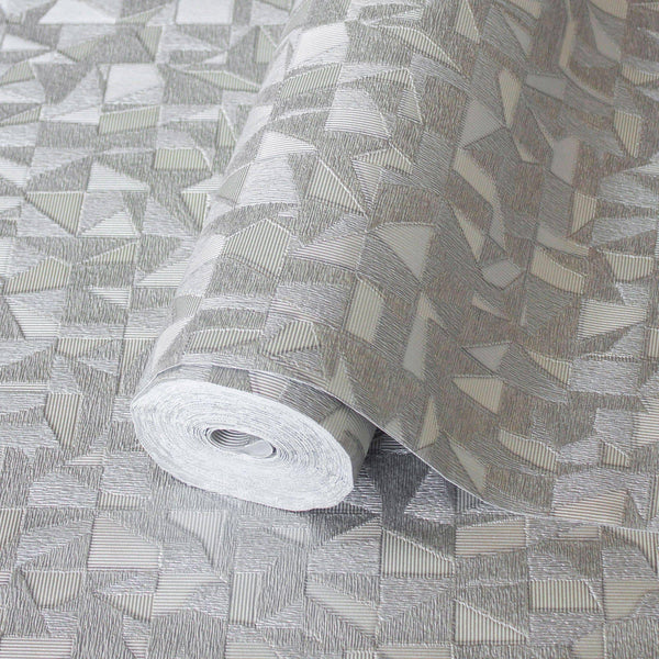 Shimmering Geometric Shapes Wallpaper, Silver Deep Embossed Asymmetrical Design Wallcovering - Adawall -Houston Wallpaper Store - Walcoverings, Curtains & Wall Panels