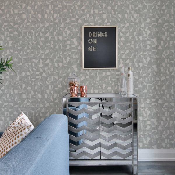 Shimmering Geometric Shapes Wallpaper, Silver Deep Embossed Asymmetrical Design Wallcovering - Adawall -Houston Wallpaper Store - Walcoverings, Curtains & Wall Panels