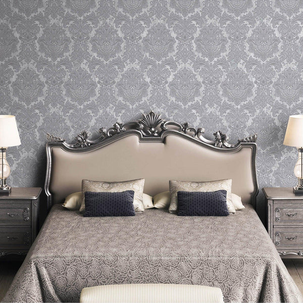 Silver Rich Baroque Damask Wallpaper Deep Embossed Shimmering Vintage Design - Adawall -Houston Wallpaper Store - Walcoverings, Curtains & Wall Panels